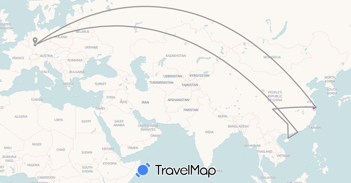 TravelMap itinerary: driving, plane, train in China, Germany, Hong Kong (Asia, Europe)